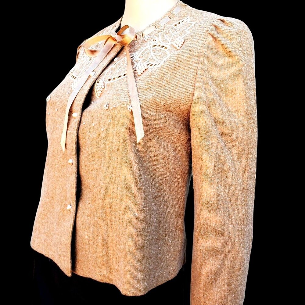 Vintage 90s Cardigan Jacket Pearl Embellished Beige Wool 6 Small - Picture 3 of 13